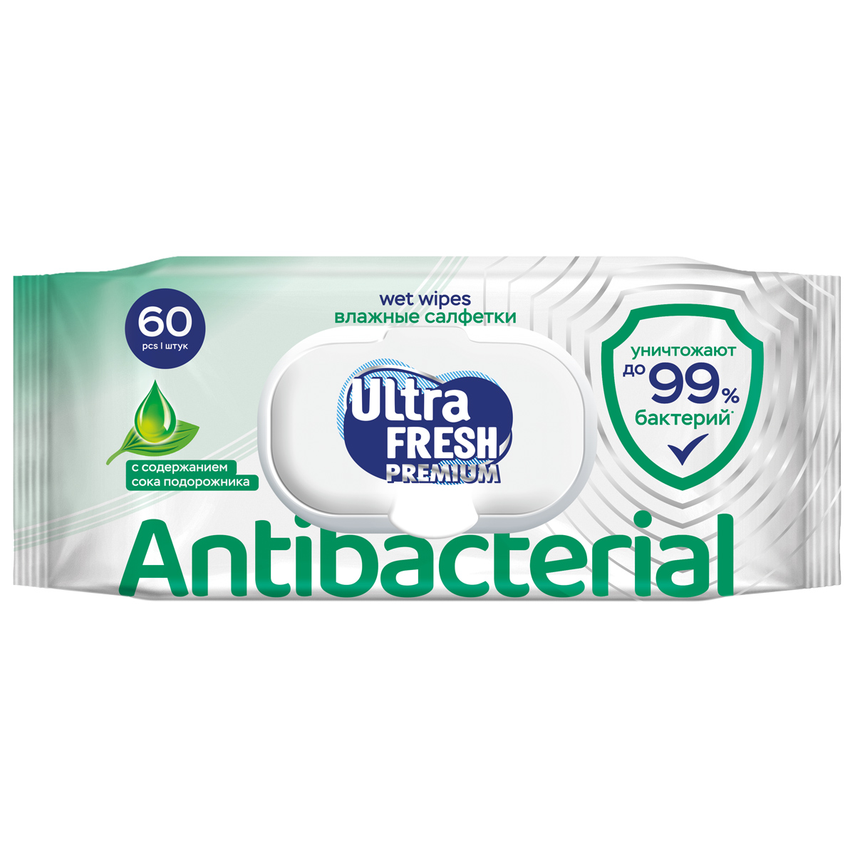 Premium Antiseptic Влажные салфетки 60шт с витаминами и экстрактами от Ultra Fresh + 2